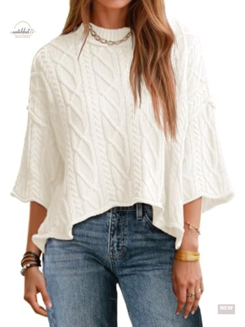 Cable Knit Crop Sweater Oversized 3/4 Sleeve Pullover